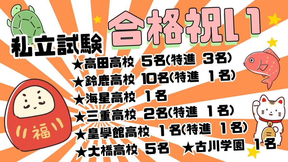 【Hero's津江戸橋校】
私立高校合格おめでとう❣️
大変遅くなりましたが、
今年の塾生たちもよく頑張ってくれました
無償化の影響もあり、
倍率が激増した私立入試ですが
日頃の勉強の成果を十分に発揮して
見事合格を勝ち取ってくれました
学校推薦を取るために内申点大幅にアップさせた生徒や
スポーツで実績を残した生徒も🧑
一方今年のHero's津江戸橋校では
公立との併願の生徒がほとんどだったので
厳しい倍率の中でよく合格してくれたと思います❣️
公立後期入試まで残り1週間
ラストスパート一緒に頑張ろう!